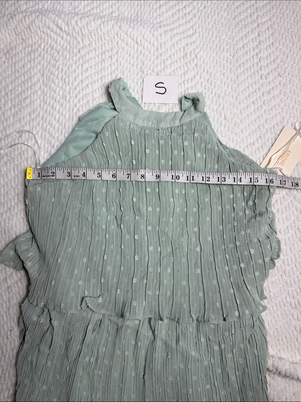 AROSE LAUREN HALTER NECK PLEATED SWISS DOT TIERED SAGE GREEN MIDI DRESS S/M NWT - Picture 11 of 11
